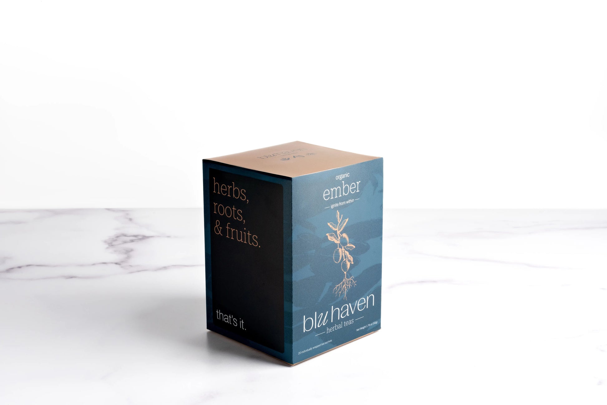 Side view of the blue Ember tea box packaging for sachet tea.